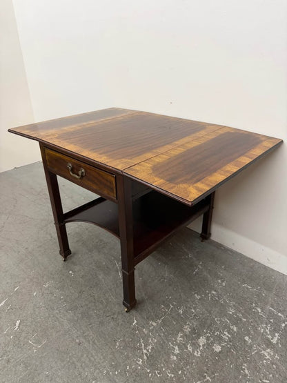 Solid Mahogany Drop-Leaf Side Table with Inlay and Dovetail Drawer #2437