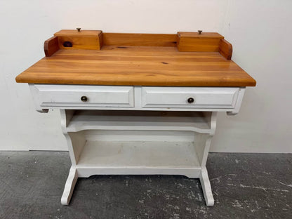 Two-Tone Pine and White Wooden Desk with Hutch #2444