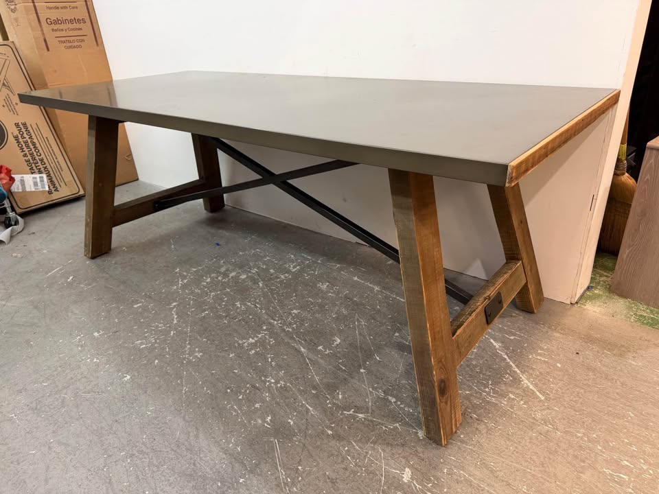 Rustic Style Metal Top/Wood Base Dining Table #2354