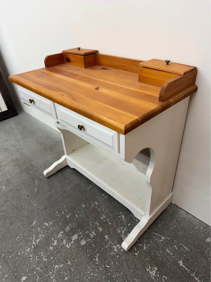 Two-Tone Pine and White Wooden Desk with Hutch #2444