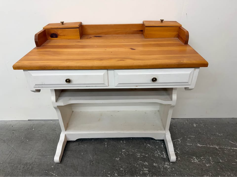 Two-Tone Pine and White Wooden Desk with Hutch #2444