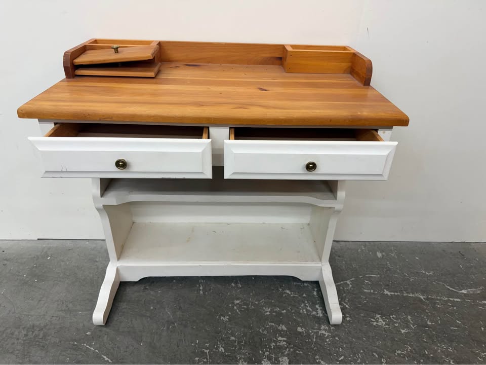 Two-Tone Pine and White Wooden Desk with Hutch #2444
