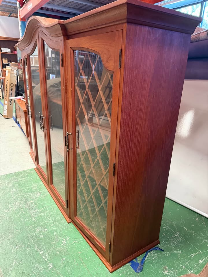 Teak Arched Top Wood Display Cabinet with Glass Doors