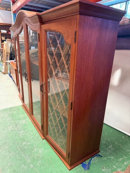 Teak Arched Top Wood Display Cabinet with Glass Doors