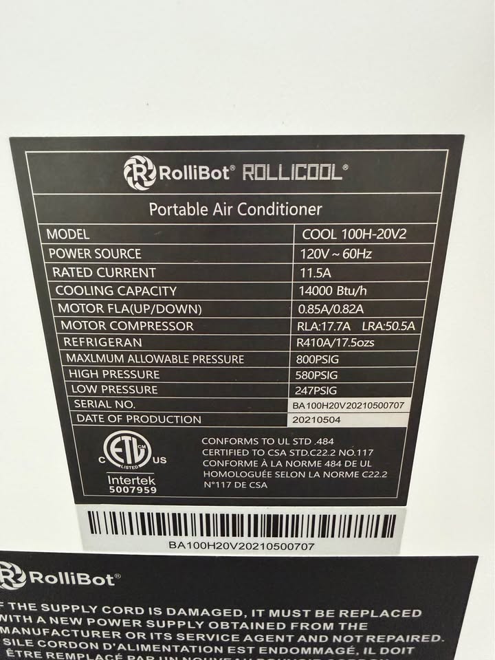 RolliBot Rollicool COOL 100H-20V2 Portable Air Conditioner #2467