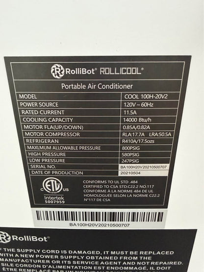 RolliBot Rollicool COOL 100H-20V2 Portable Air Conditioner #2467