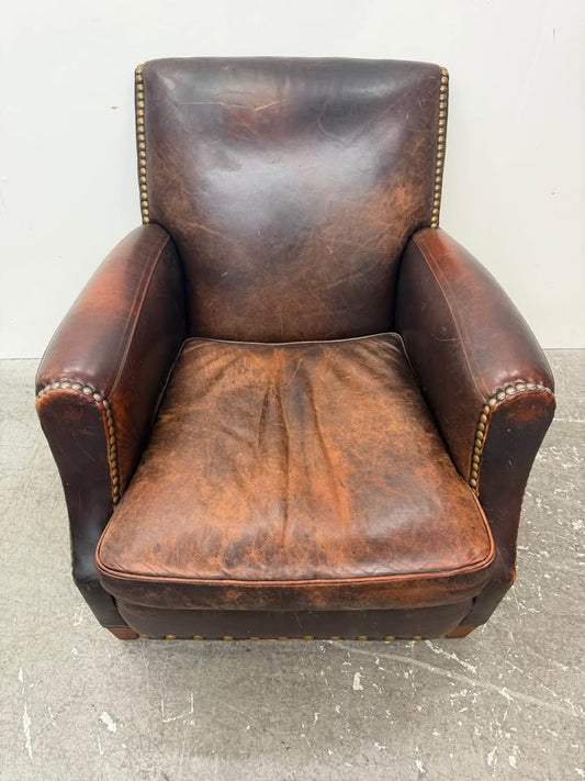 Crate/Barrell Vintage Style Leather Club Chair with Nailhead Trim #2472