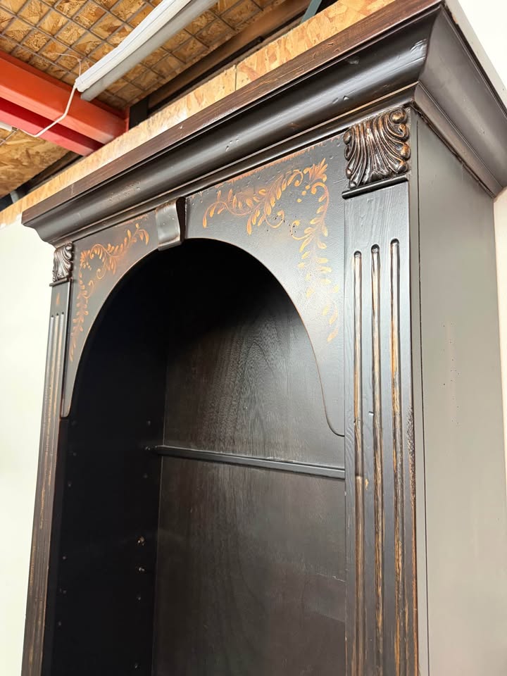 Black Arched Top Bookcase with Gold Stenciling #2477