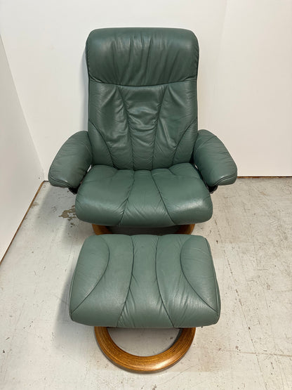 Ekornes Stressless Green Leather Recliner Chair & Ottoman #0812