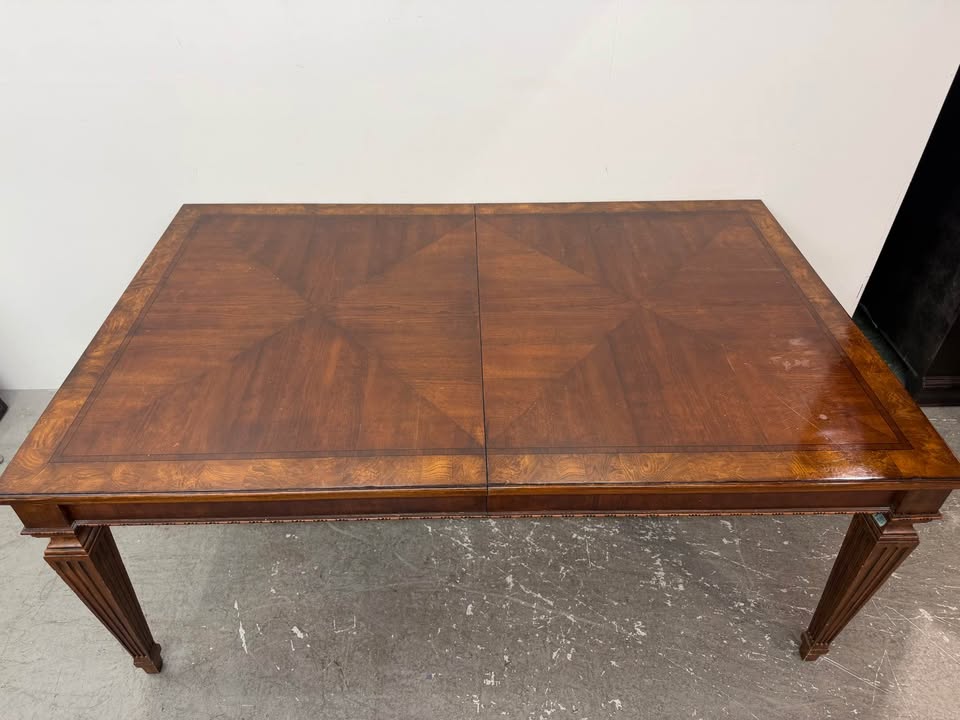 Ethan Allen Wood Parquetry Top Dining Table with Drawers and 8 Matching Chairs #2489