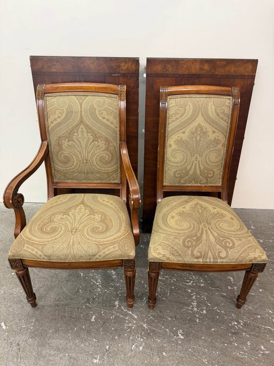 Ethan Allen Wood Parquetry Top Dining Table with Drawers and 8 Matching Chairs #2489