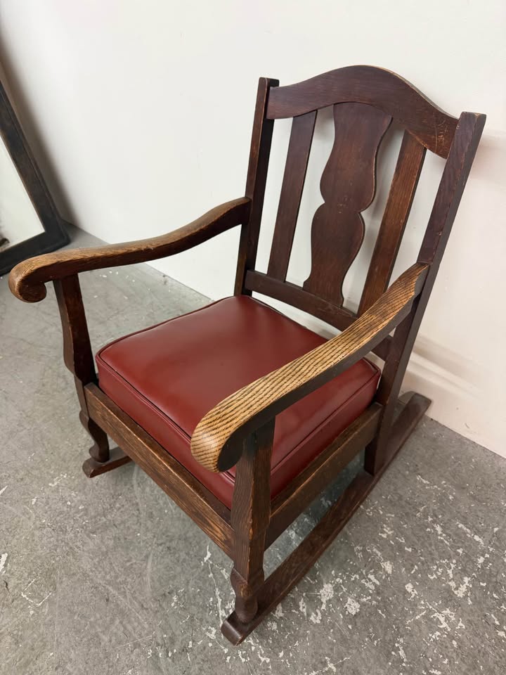 Small Vintage Wooden Rocking Chair with Red Seat #2486