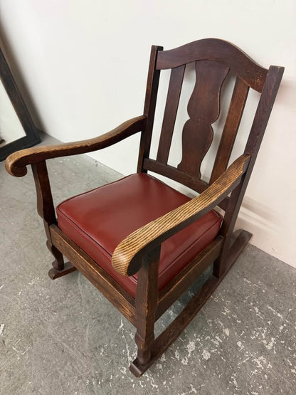 Small Vintage Wooden Rocking Chair with Red Seat #2486