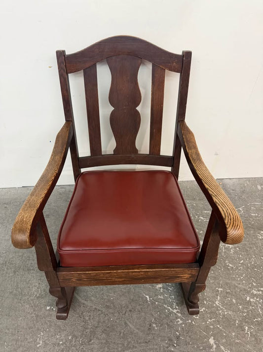 Small Vintage Wooden Rocking Chair with Red Seat #2486