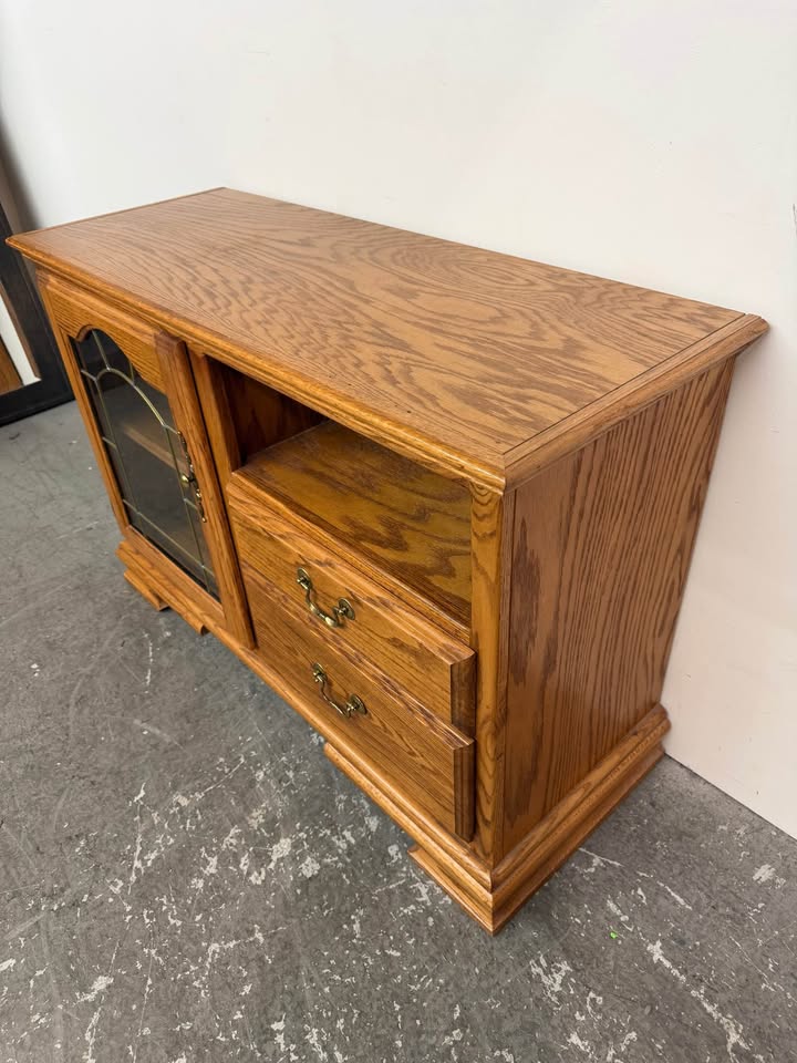 Oak Wood TV Stand with Glass Door and Drawers #2492