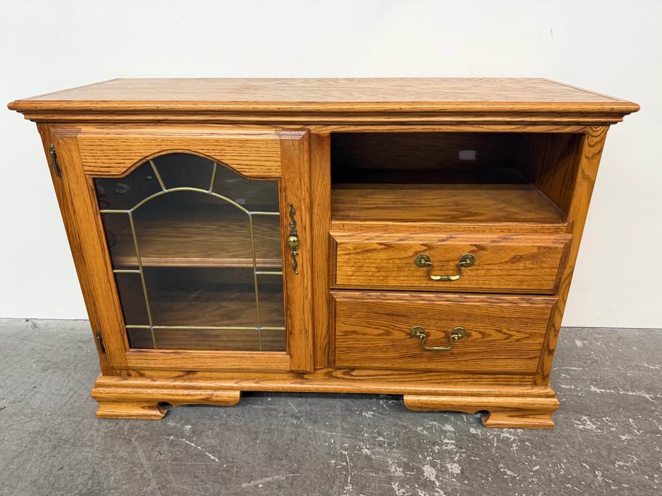 Oak Wood TV Stand with Glass Door and Drawers #2492