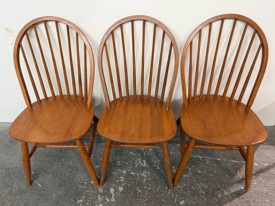 Vintage Mid-Century Modern Wooden Windsor Hoop Back Dining Chairs - Set of 3 #2533