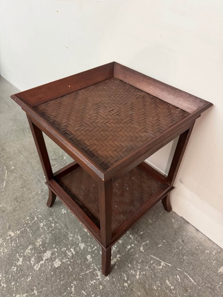 2-Tier Wooden End Table with Woven Rattan #2527