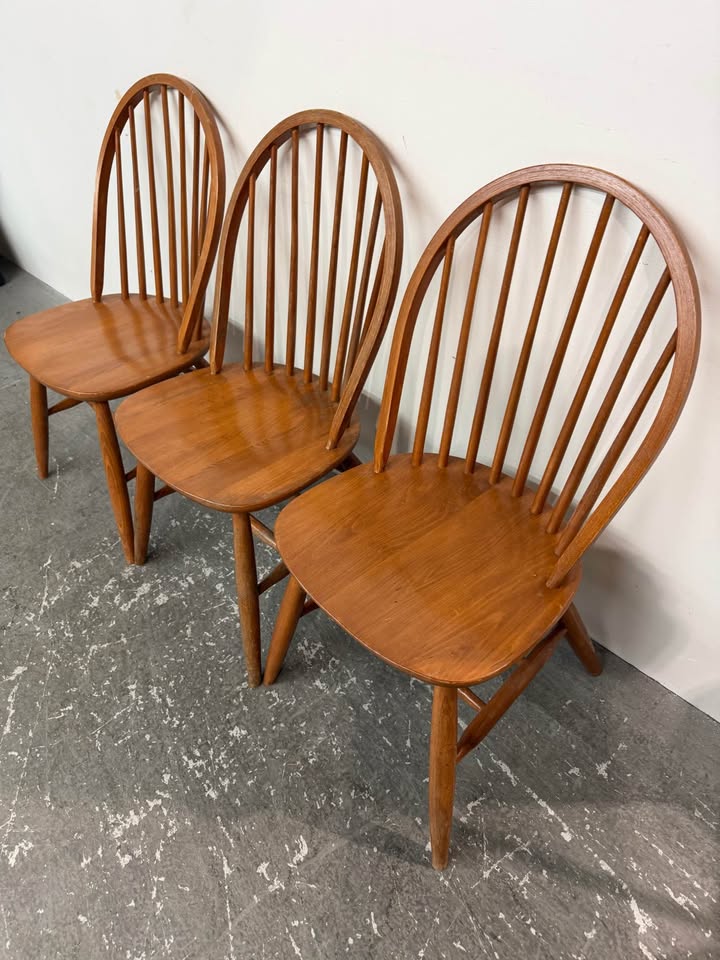 Vintage Mid-Century Modern Wooden Windsor Hoop Back Dining Chairs - Set of 3 #2533