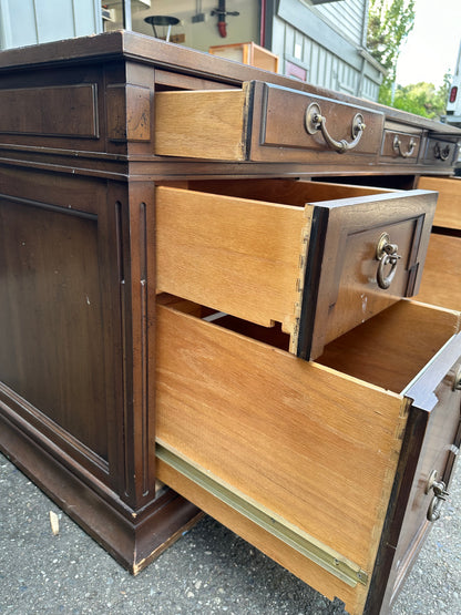 Sligh Vintage Library Desk, Fruitwood & Tooled Leather, 2 File Drawers #0758