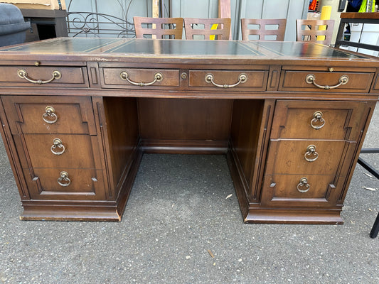 Sligh Vintage Library Desk, Fruitwood & Tooled Leather, 2 File Drawers #0758