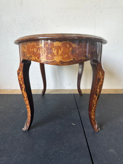 Antique Burled Walnut Marquetry Coffee Table Inlaid and Lacquered Oval #0432