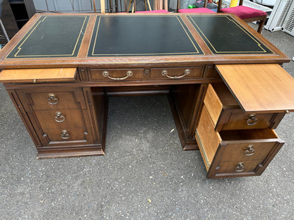 Sligh Vintage Library Desk, Fruitwood & Tooled Leather, 2 File Drawers #0758