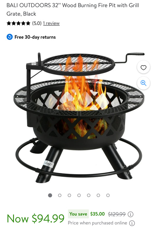 BALI OUTDOORS 32’’ Wood Burning Fire Pit with Grill Grate Black #0579