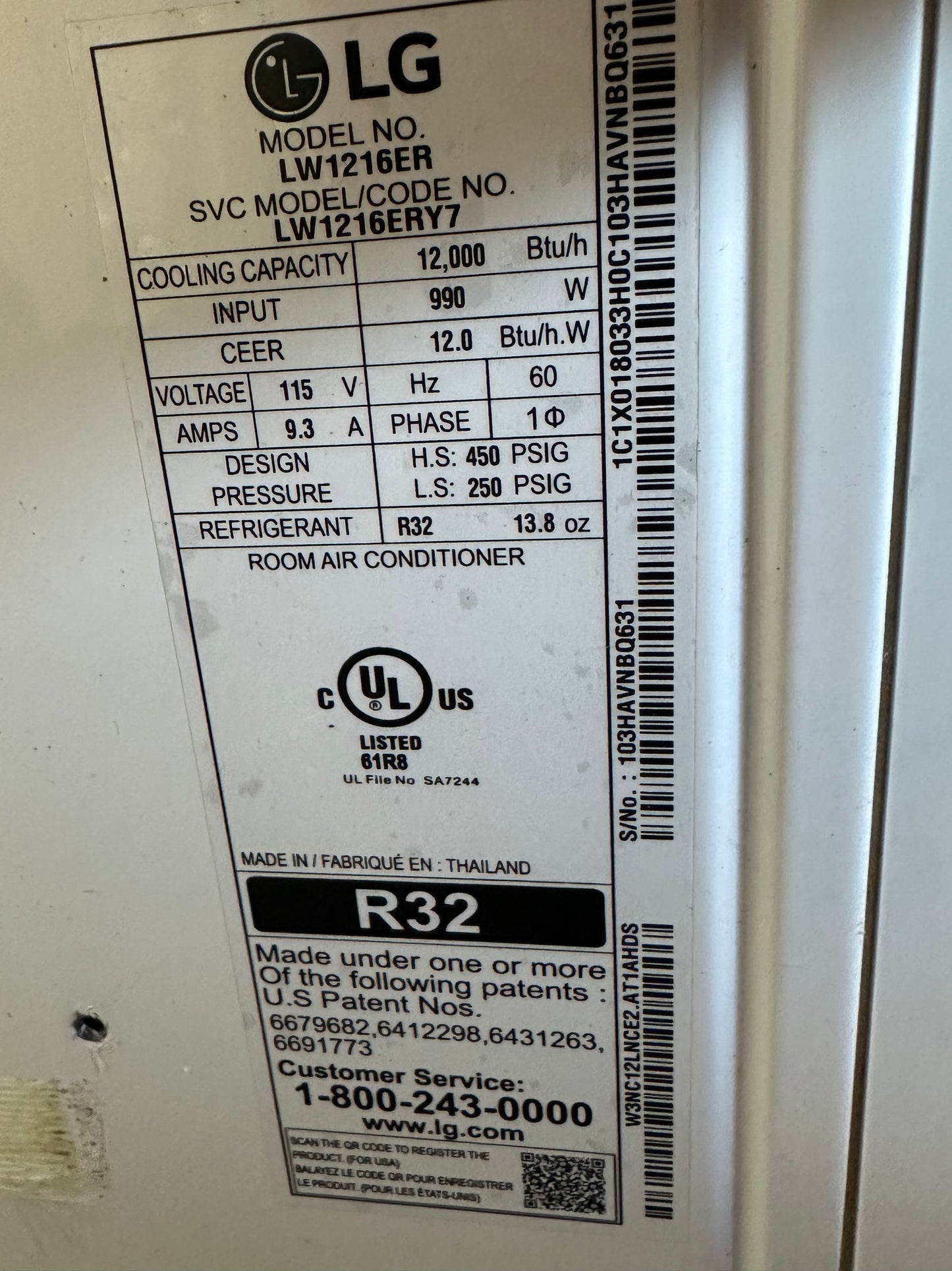 LG 12000 BTU Room Air Conditioner LW1216ER #0443