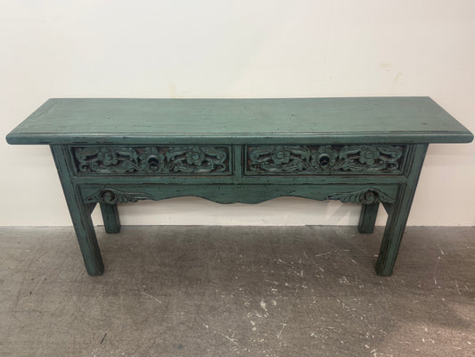 Vintage Rustic Green Entryway Console Table with Drawer #1907