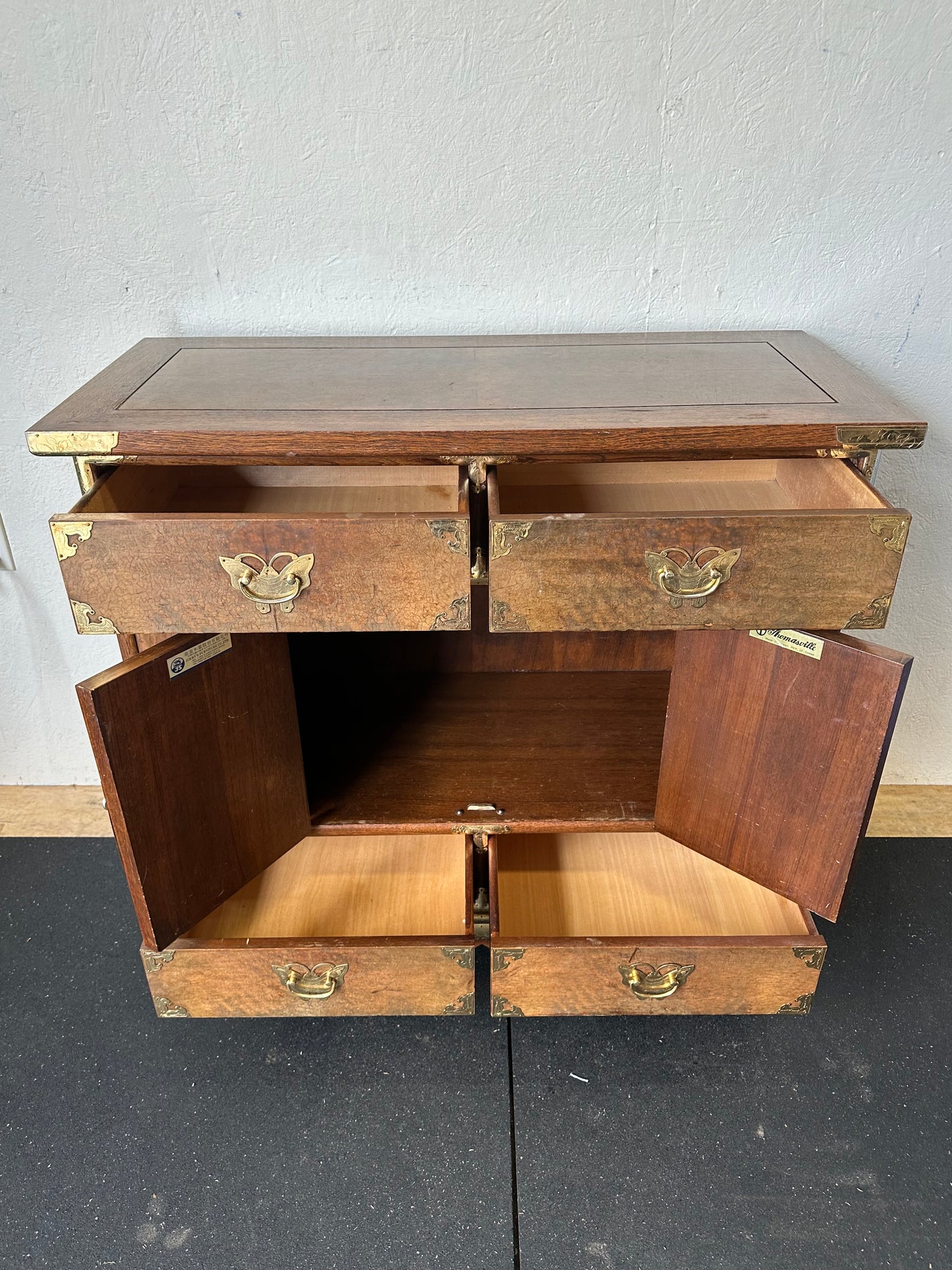 Vintage Asian Tansu Banded Burl Wood Chest Brass Mounted Storage Cabinet KH#0112