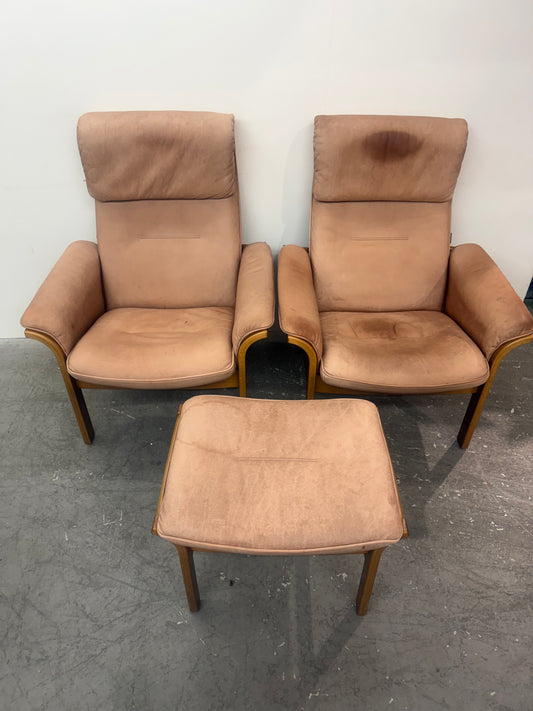 Vintage Scandinavian Soderbergs Leather/Teak Lounge Chair set With Ottoman #1924