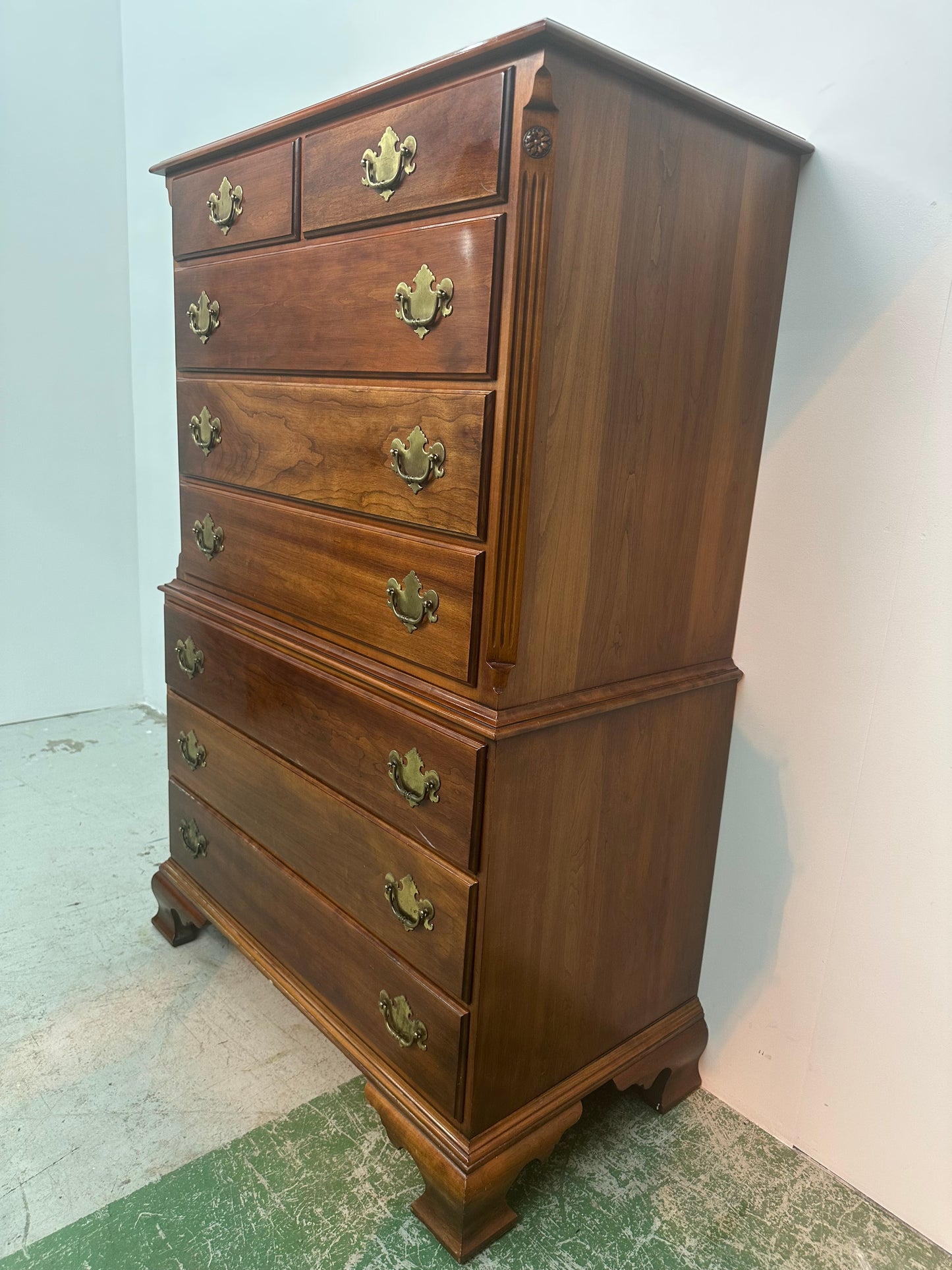 Vintage Statton Solid Cherry Chippendale Style 8 Dovetail Drawer Tall Chest #0947