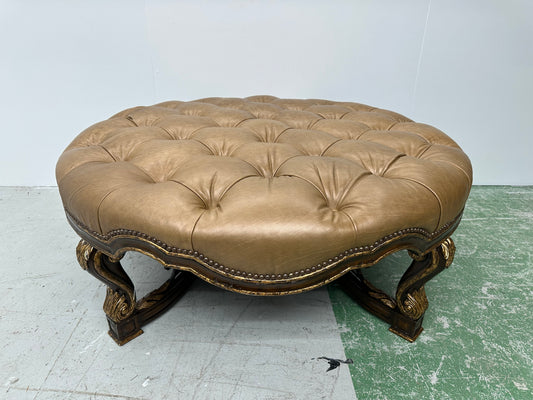 Marge Carson Faux Leather Ornate Ottoman With Gold Accent Trim #0915