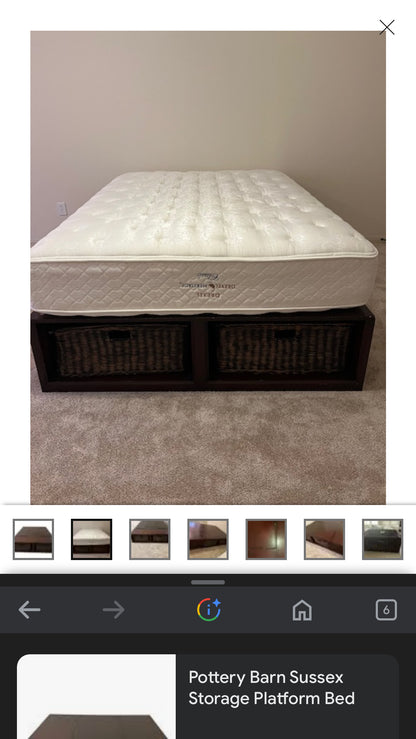 Pottery Barn Queen Size Wood and Wicker Storage Bed with Upholstered Headboard Platform Bed #0422