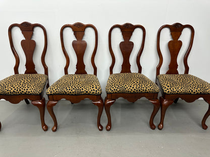 Set of 6 Queen Anne Style Solid Engraved Wood Splat Back Leopard Print Dining Chairs