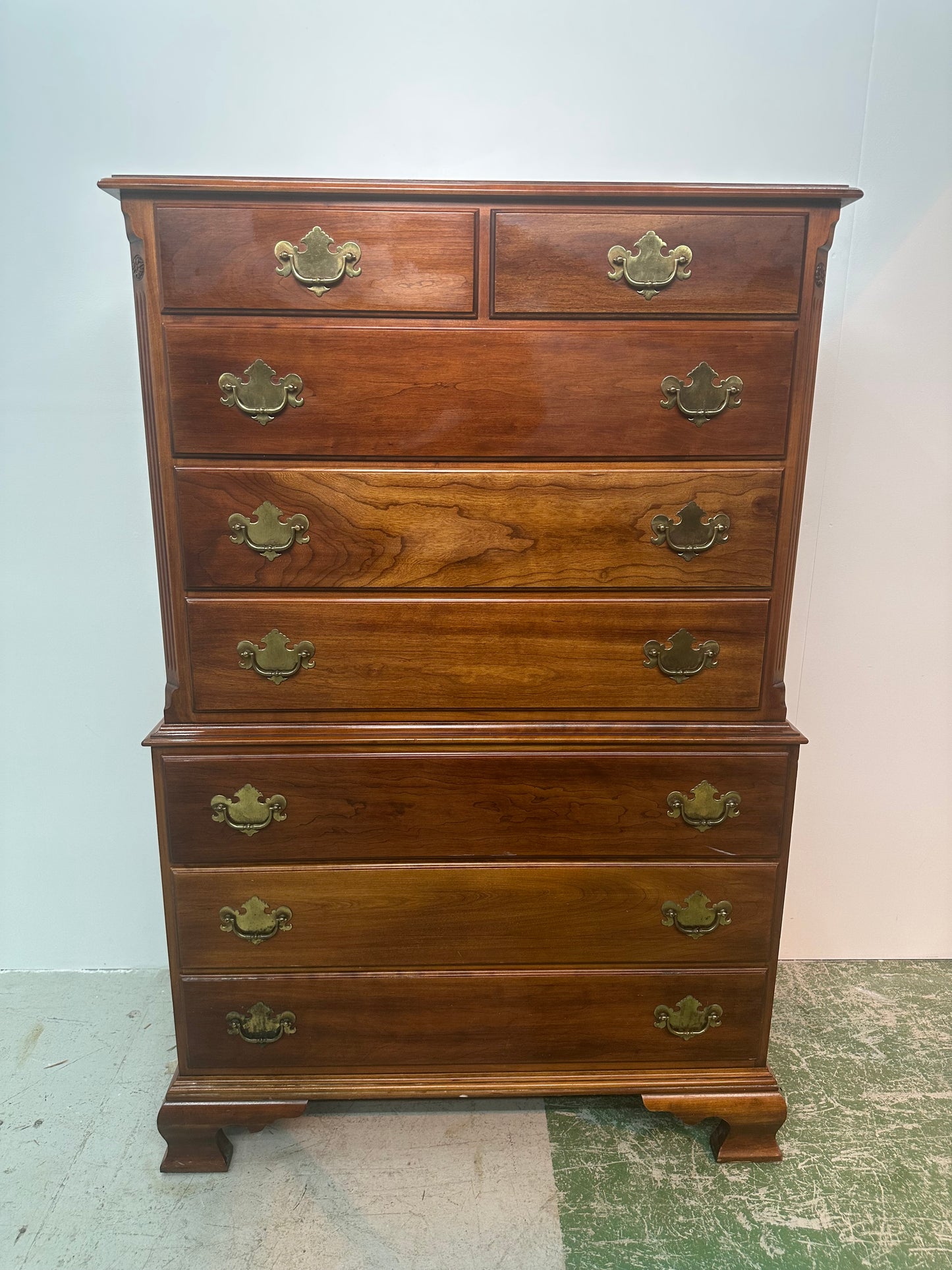Vintage Statton Solid Cherry Chippendale Style 8 Dovetail Drawer Tall Chest #0947