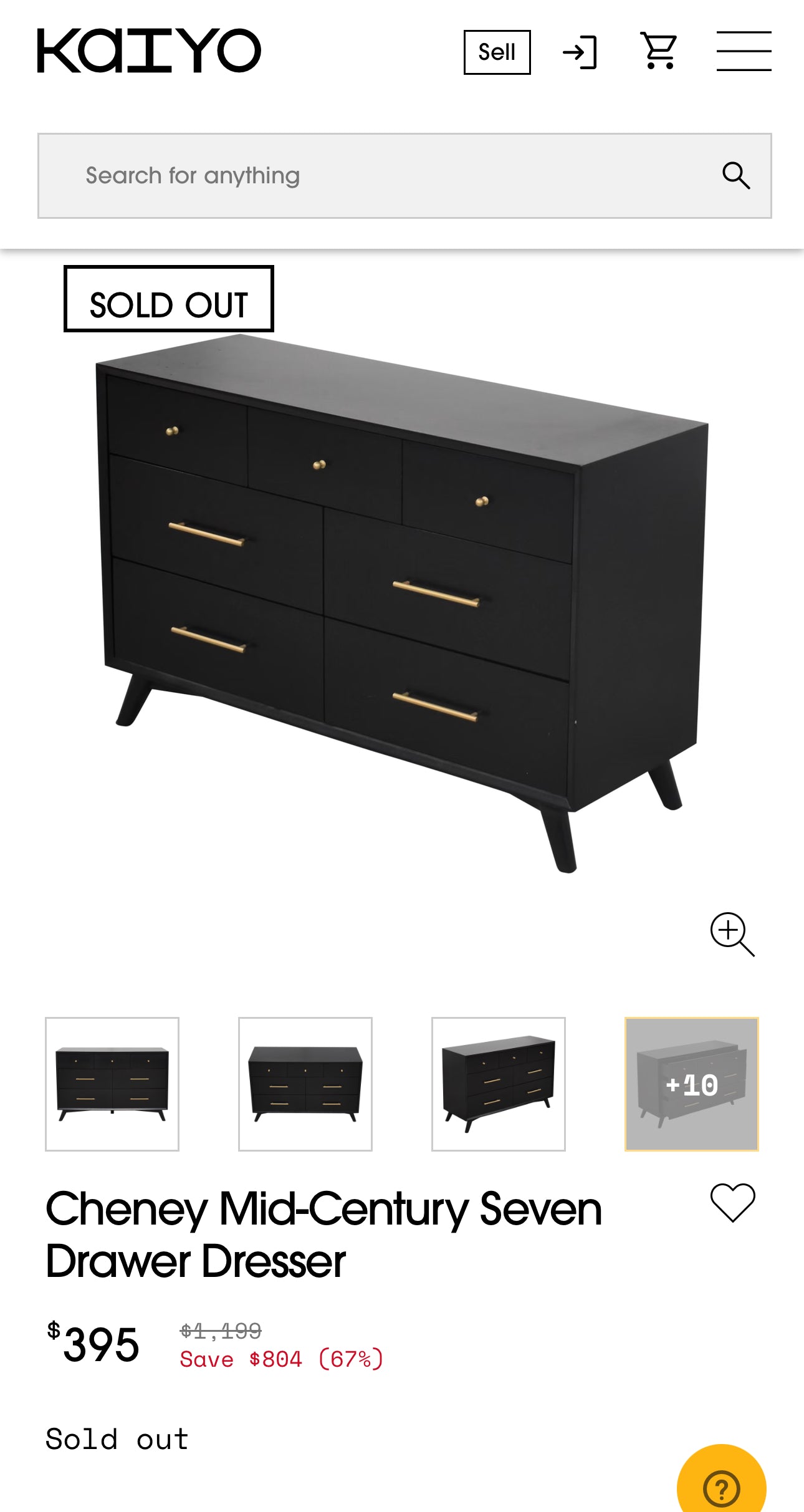 Mid Century Modern Black 6 Drawer Wood Dresser #0696