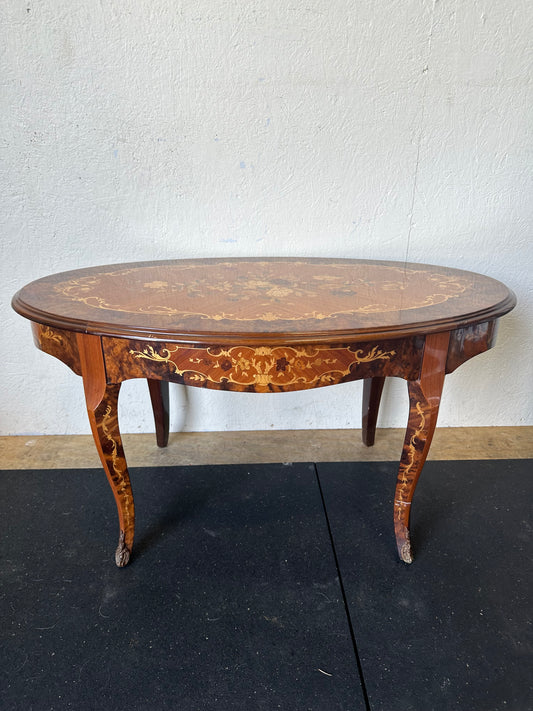 Antique Burled Walnut Marquetry Coffee Table Inlaid and Lacquered Oval #0432