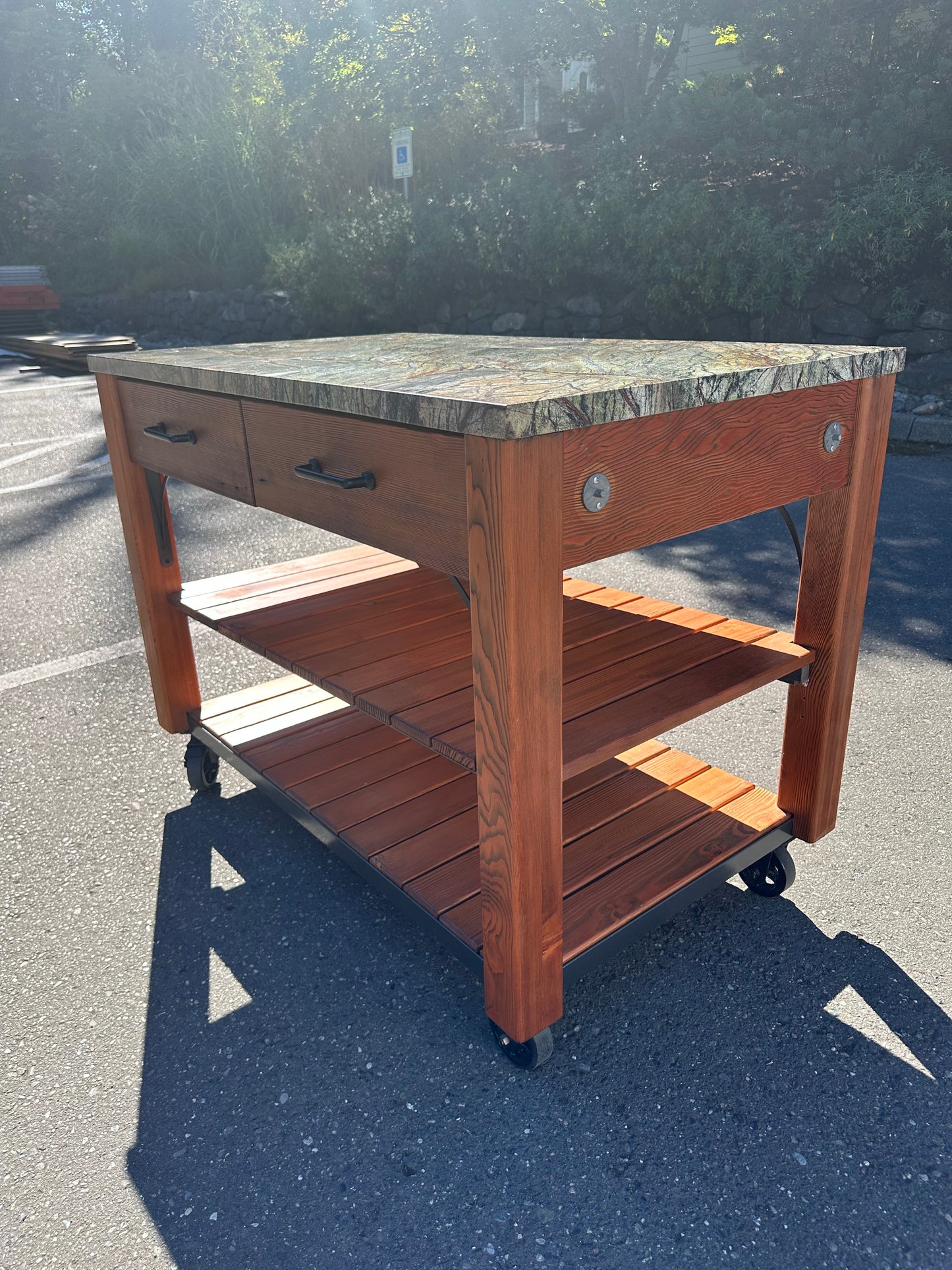 Custom Solid Wood Rolling Kitchen Island With Marble Top #0775