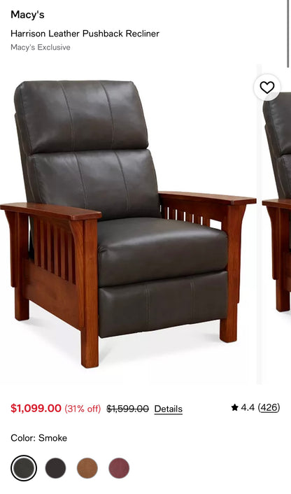 Pair of Mission Style Gray Leather Push-Back Recliners #2654