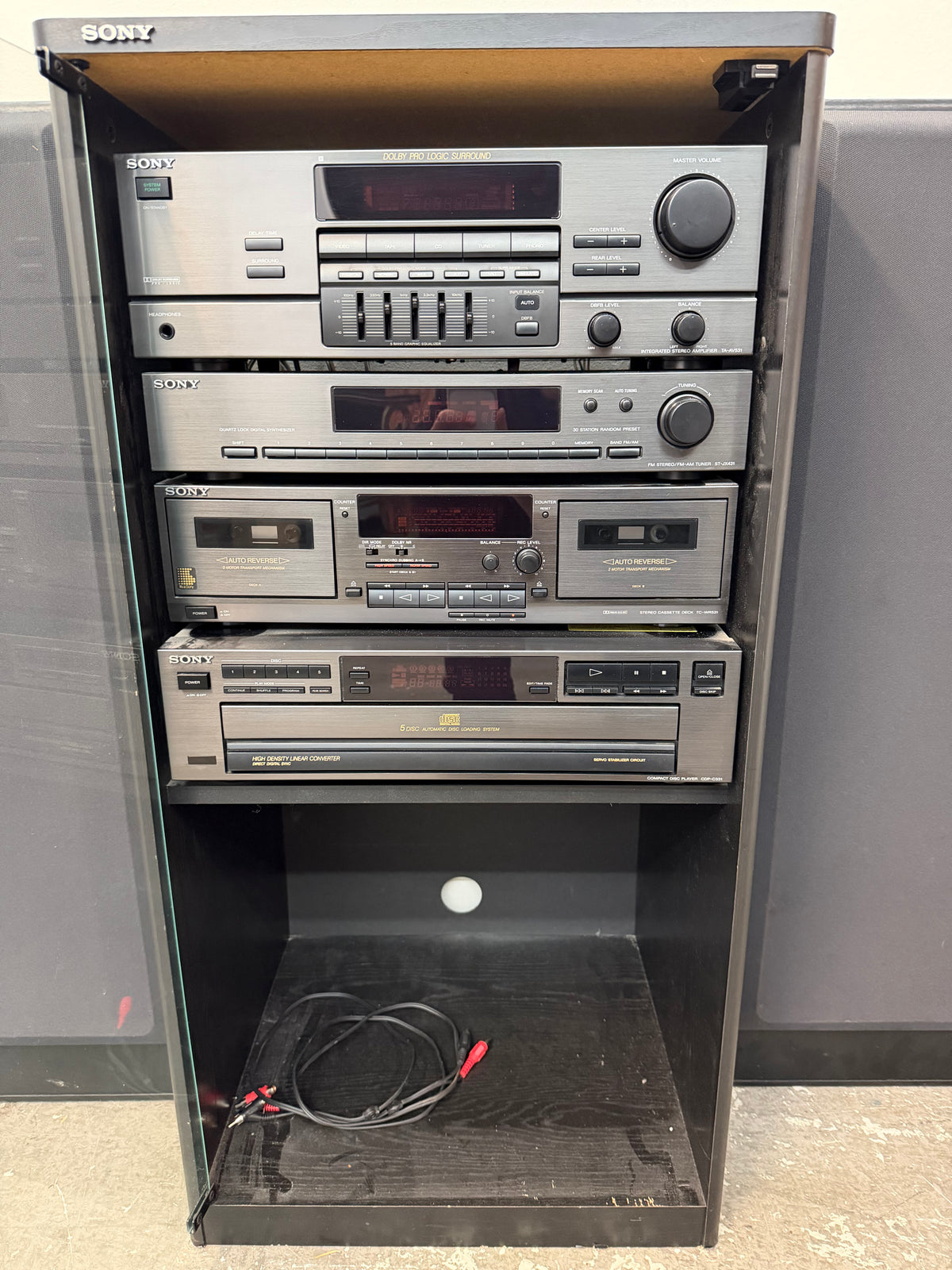 Sony Stereo System with Glass Audio Rack and Speakers #2557