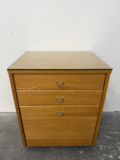 Oak Rolling 3-Drawer File Cabinet with Glass Top #2568