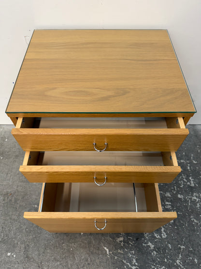 Oak Rolling 3-Drawer File Cabinet with Glass Top #2568
