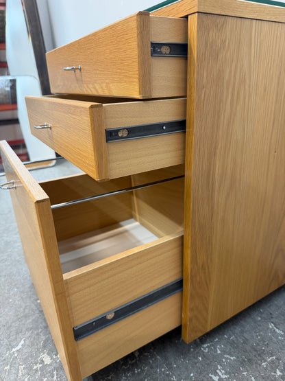 Oak Rolling 3-Drawer File Cabinet with Glass Top #2568