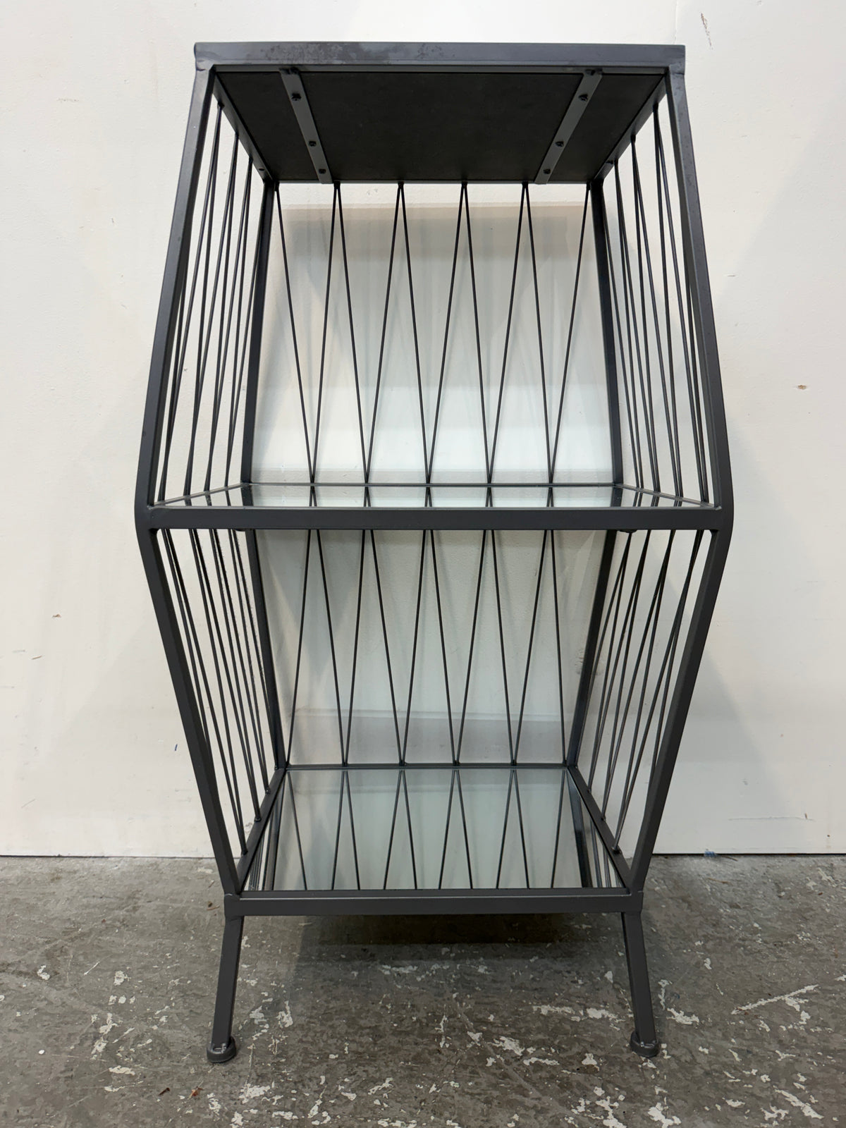 Gray Metal Geometric Wire Accent Table with Mirrored Shelves #2570