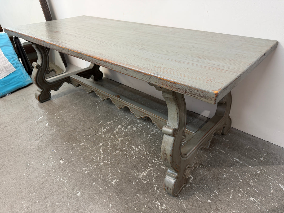 Spanish-Style Gray Painted Trestle Dining Table with Lyre Legs #2577