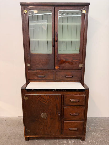 Vintage Oak Hoosier-Style Kitchen Cabinet with Enamel Top #2582
