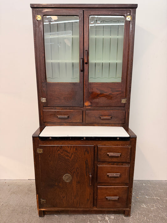Vintage Oak Hoosier-Style Kitchen Cabinet with Enamel Top #2582