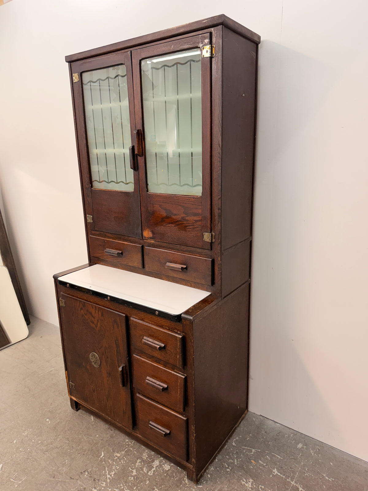 Vintage Oak Hoosier-Style Kitchen Cabinet with Enamel Top #2582